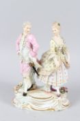 A GOOD 19TH CENTURY MEISSEN PORCELAIN GROUP, a gallant and a lady, standing on a Rococo base,