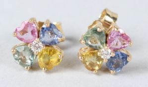 A PAIR OF 18CT YELLOW GOLD, MULTI-GEM SET CLUSTER EAR STUDS.