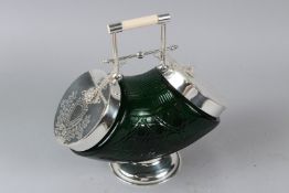 A VICTORIAN STYLE GREEN GLASS DOUBLE ENDED BISCUIT BARREL with plated mounts. 28cms long.