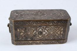 A VERY FINE EARLY 19TH CENTURY FILIPINO SILVER INLAID BRONZE BETEL NUT CASKET. 18cms wide.