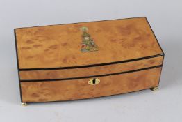 A RUSSIAN BURRWOOD AND EBONY MUSICAL JEWELLERY BOX, with a fitted, mirrored interior and original