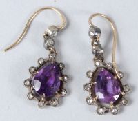 A PAIR OF GOLD, AMETHYST AND ROSE CUT DIAMOND DROP EARRINGS.