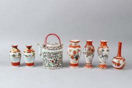 TWO SMALL PAIRS OF JAPANESE KUTANI VASES, two further Kutani vases and a Chinese porcelain teapot (