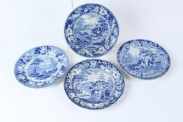A 19TH CENTURY DAVENPORT TRANSFER PRINTED BLUE AND WHITE PLATE depicting the Villagers, together