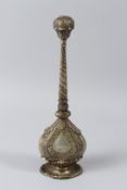 A FINE 19TH CENTURY INDIAN WHITE METAL ROSEWATER SPRINKLER. 31cms high.