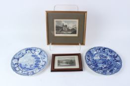 A 19TH CENTURY TRANSFER PRINTED BLUE AND WHITE PLATE depicting Byland Abbey, Yorkshire; another