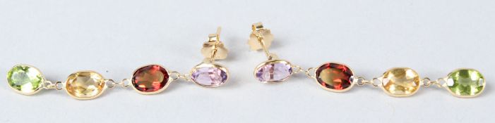 A PAIR OF 18CT YELLOW GOLD, MULTI-GEM DROP EARRINGS.