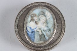 A GOOD 18TH CENTURY FRENCH SILVER CIRCULAR BOX AND COVER, the lid with an ivory panel painted with