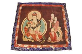 A CHINESE GUANYIN AND LUOHAN FIGURE PICTURE ON SILK. 110cms x 115cms.