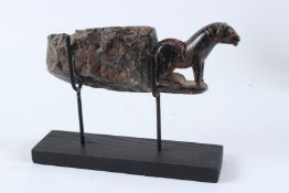 AN INDIAN CARVED GREEN HARDSTONE FIGURE, 19TH / 20TH CENTURY, modelled as the front end of a dog.