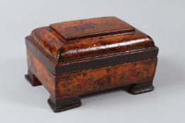 A FINE 19TH CENTURY PERSIAN QAJAR PAINTED AND LACQUERED PAPIER MACHE BOX. 18cms long.