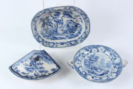 A 19TH CENTURY DAVENPORT TRANSFER PRINTED BLUE AND WHITE RECTANGULAR DISH, decorated with a rural