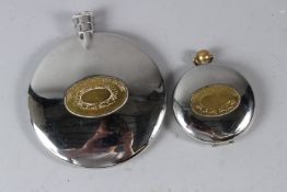 A DALVEY CHROME PLATED AND BRASS CIRCULAR HIP FLASK, together with a matching travelling cup.