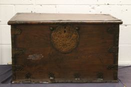 A LARGE ANTIQUE ZANZIBAR PADOUK WOODEN CHEST. 101cms long x 60cms wide x 57cms high.