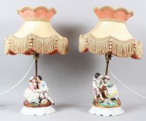A PAIR OF 20TH CENTURY CONTINENTAL PORCELAIN FIGURAL LAMPS with shades. Bases 20cms high, exc.