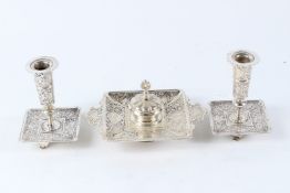 FRENCH TO THE ISLAMIC MARKET. A 19TH CENTURY PLATED INK STAND AND A PAIR OF CANDLESTICKS. Ink