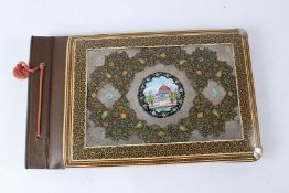 A VERY FINE EARLY 20TH CENTURY PERSIAN SILVER MOUNTED, INLAID AND PAINTED PHOTO ALBUM. 41cms wide.