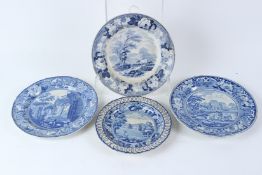 FOUR 19TH CENTURY TRANSFER PRINTED BLUE AND WHITE PLATES, each with a named view: Roche Abbey,