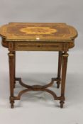 A LATE 19TH CENTURY FRENCH MAHOGANY AND MARQUETRY BOW ENDED WORK TABLE, with a profusely inlaid top,