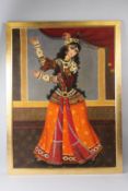 A 20TH CENTURY QAJAR PAINTING OF A DANCING GIRL, oil on canvas, in a gilt frame. Overall size 120cms