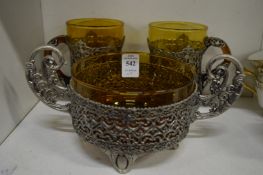 Metal mounted amber tinted glass twin handled bowl and pair of matching tankards.