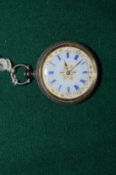 A ladies silver cased pocket watch with decorative enamel dial.