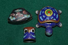 Miniature cloisonne items to include a turtle.