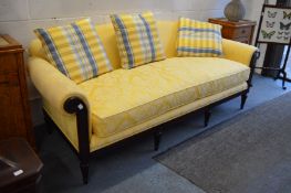 A very good Harrods mahogany framed large settee, upholstered in a classical style gold damask
