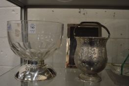 Cut glass bowl with silver pedestal base together with other items.