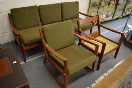 Finn Juhl for France and Son, teak framed three seater settee with matching armchair and rocking