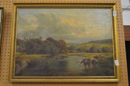 Two 19th century oil paintings depicting cattle by a river, oil on canvas.