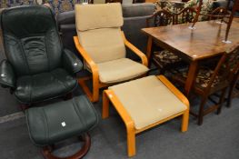 A cantilever style armchair with matching stool.