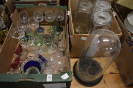 Various glassware to include a glass dome.