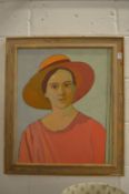 Russian School, bust length portrait of a lady wearing a red hat, oil on canvas, inscribed verso.