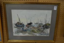 Watercolour depicting fishing boats and another.