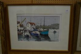 Circle of Edward Wesson, boats tied up at a jetty, watercolour.
