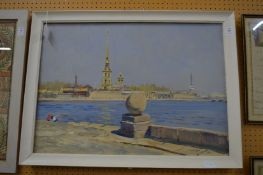 Russian School, children seated in a harbour, oil on canvas.