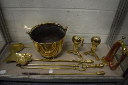 Brass fire dogs, companion set etc.