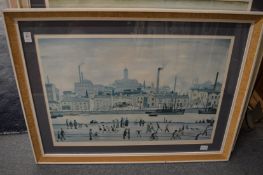 L S Lowry, two colour prints together with a pair of decorative prints.