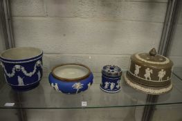 Three pieces of blue Jasper ware comprising, jardiniere, bowl with plated rim, tobacco jar with