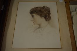 A coloured sketch of a bust of a young lady, unframed.