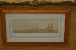 Attributed to Harold Wyllie, shipping of a shore, colour print.