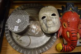 Metal jewellery box, Eastern tray and two masks.