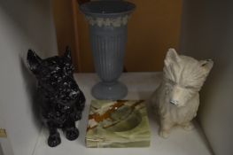 Black and white spelter dogs and other items.