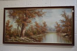 Wooded river landscape, oil on canvas.