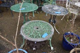 Three painted aluminium tables and a parasol base.