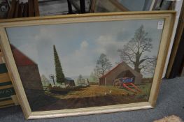 Colour print depicting a farmyard scene together with an unframed print of ships.