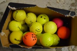 A group of coloured golf balls.