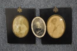 A pair of photographic portrait miniatures and another photograph of an elderly lady.
