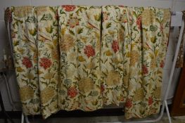 Two pairs of lined and interlined curtains with tassel tie-backs, one pair approx 216cm long x 155cm